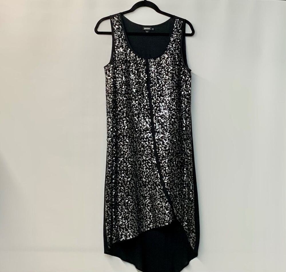 DKNY Women's Party Dress Medium Silk Blend Sequin Cocktail Tank  Black Silver